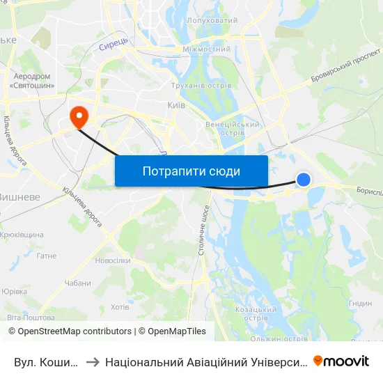 Вул. Кошиця to Національний Авіаційний Університет map