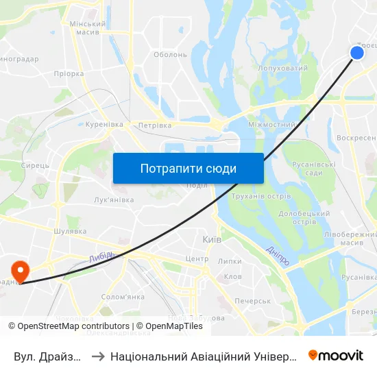 Вул. Драйзера to Національний Авіаційний Університет map