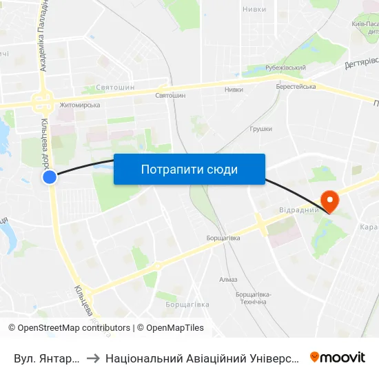 Вул. Янтарна to Національний Авіаційний Університет map