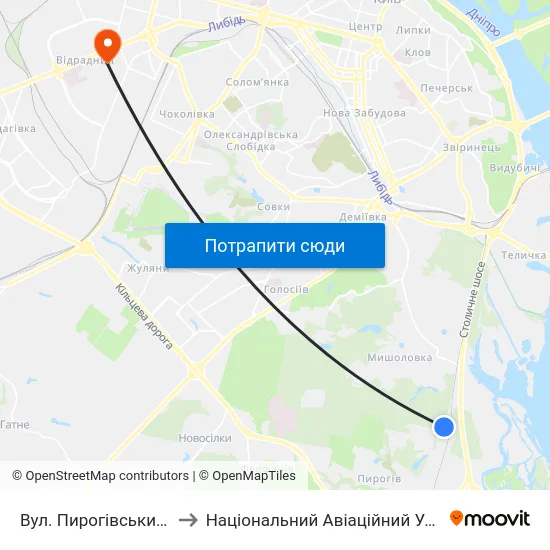 Вул. Пирогівський Шлях to Національний Авіаційний Університет map