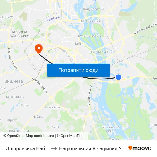 Дніпровська Набережна to Національний Авіаційний Університет map