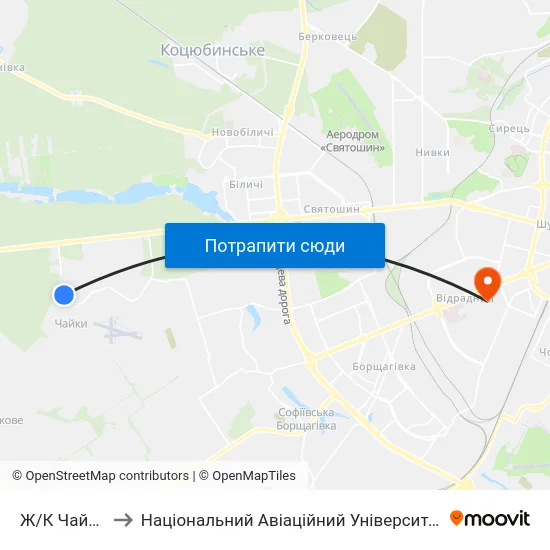Ж/К Чайка to Національний Авіаційний Університет map