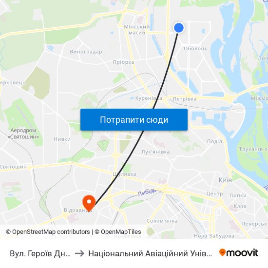 Вул. Героїв Дніпра to Національний Авіаційний Університет map