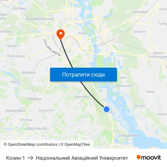 Козин-1 to Національний Авіаційний Університет map