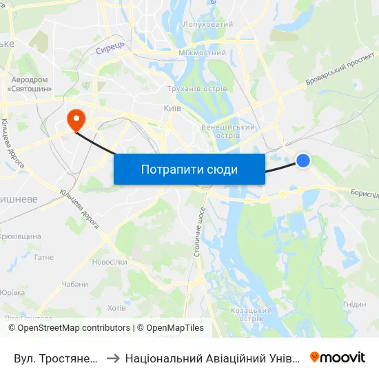 Вул. Тростянецька to Національний Авіаційний Університет map