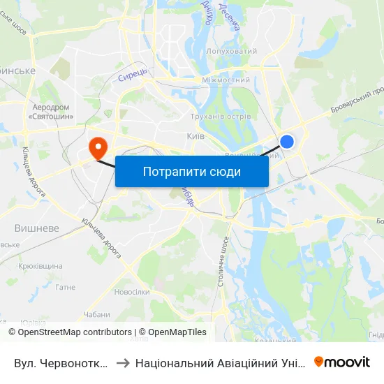 Вул. Червоноткацька to Національний Авіаційний Університет map