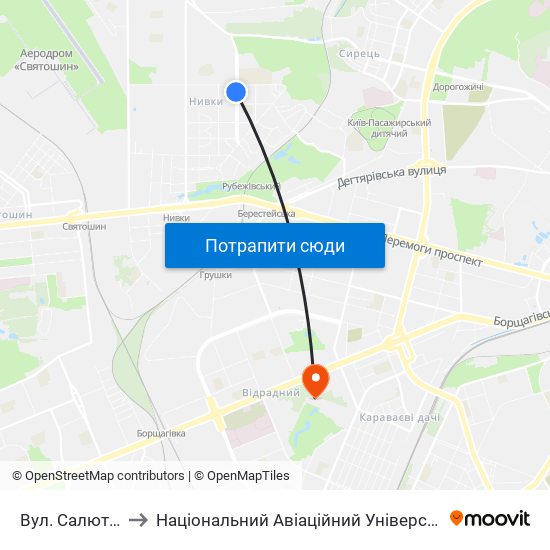 Вул. Салютна to Національний Авіаційний Університет map