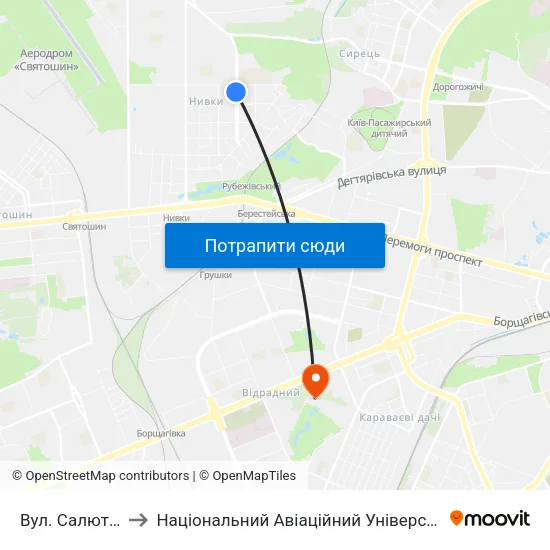 Вул. Салютна to Національний Авіаційний Університет map