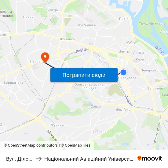 Вул. Ділова to Національний Авіаційний Університет map