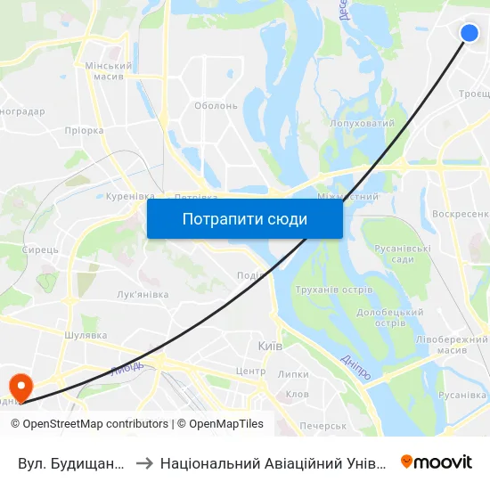 Вул. Будищанська to Національний Авіаційний Університет map