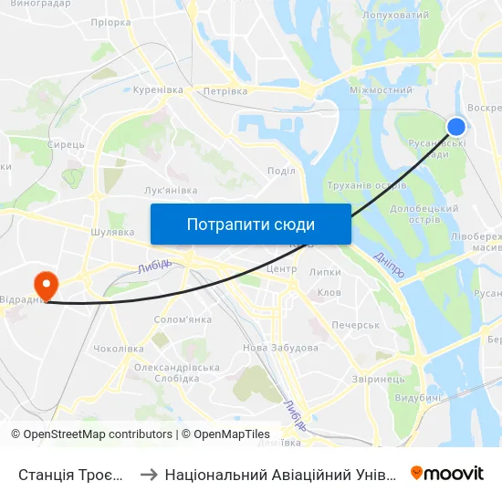 Станція Троєщина to Національний Авіаційний Університет map