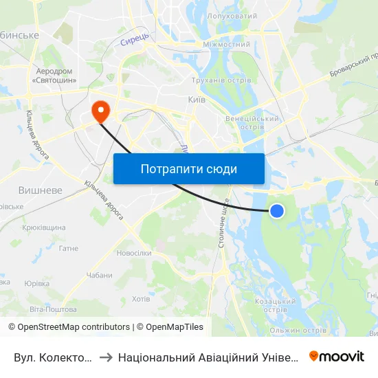 Вул. Колекторна to Національний Авіаційний Університет map