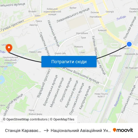 Станція Караваєвi Дачі to Національний Авіаційний Університет map