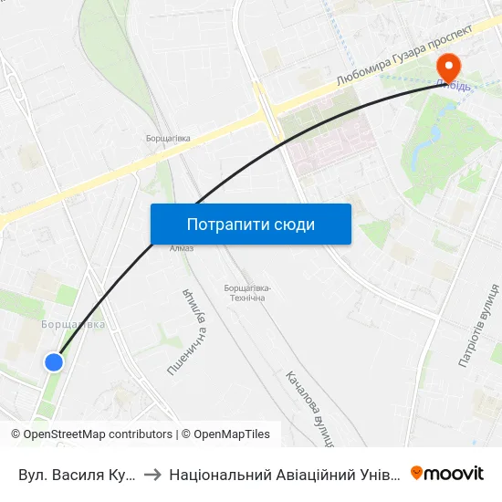 Вул. Василя Кучера to Національний Авіаційний Університет map