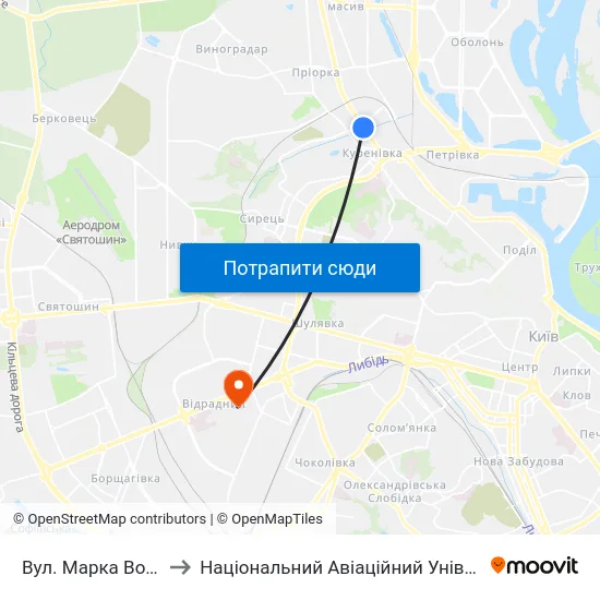 Вул. Марка Вовчка to Національний Авіаційний Університет map