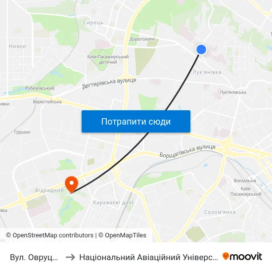 Вул. Овруцька to Національний Авіаційний Університет map