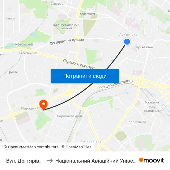 Вул. Дегтярівська to Національний Авіаційний Університет map
