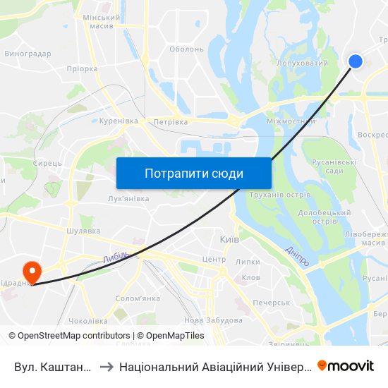 Вул. Каштанова to Національний Авіаційний Університет map