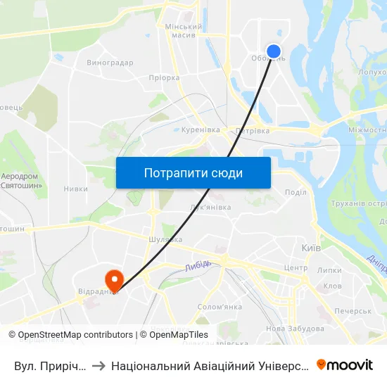Вул. Прирічна to Національний Авіаційний Університет map