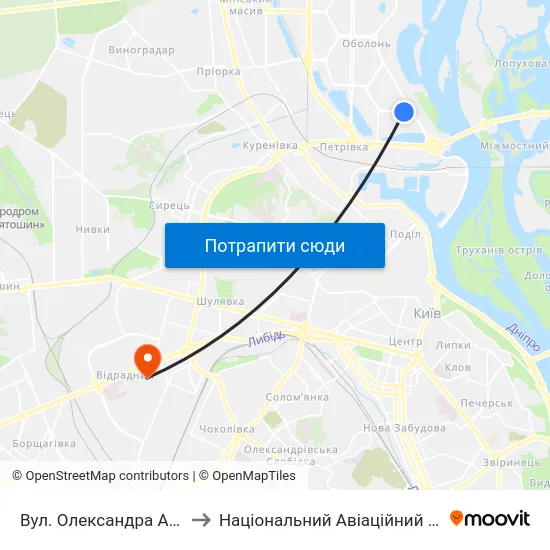 Вул. Олександра Архипенка to Національний Авіаційний Університет map