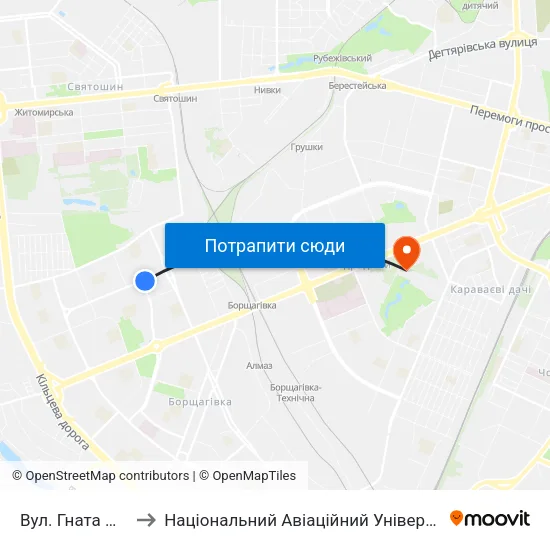 Вул. Гната Юри to Національний Авіаційний Університет map