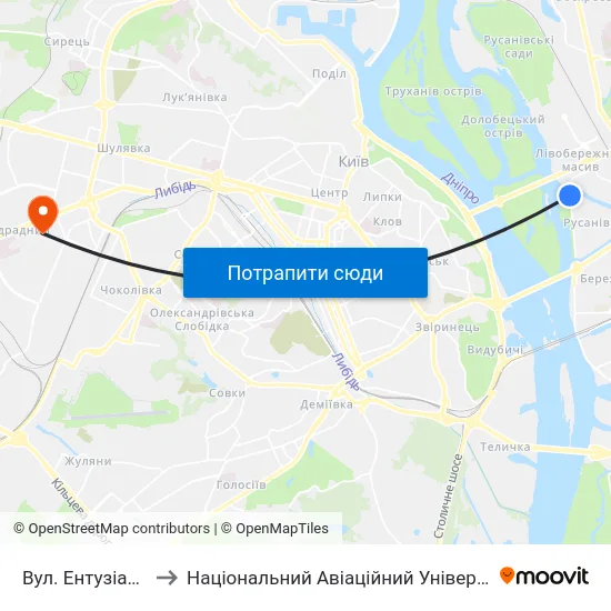 Вул. Ентузіастів to Національний Авіаційний Університет map