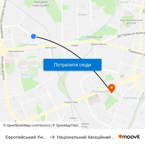 Європейський Університет to Національний Авіаційний Університет map
