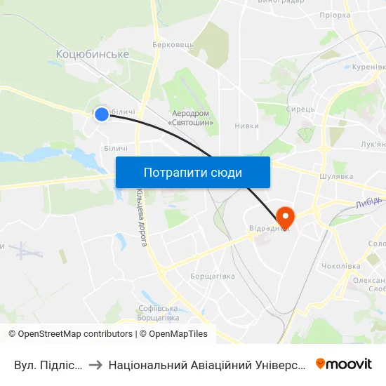 Вул. Підлісна to Національний Авіаційний Університет map
