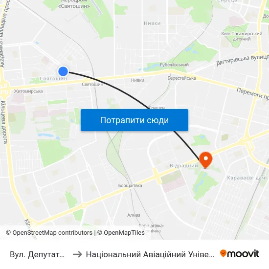 Вул. Депутатська to Національний Авіаційний Університет map