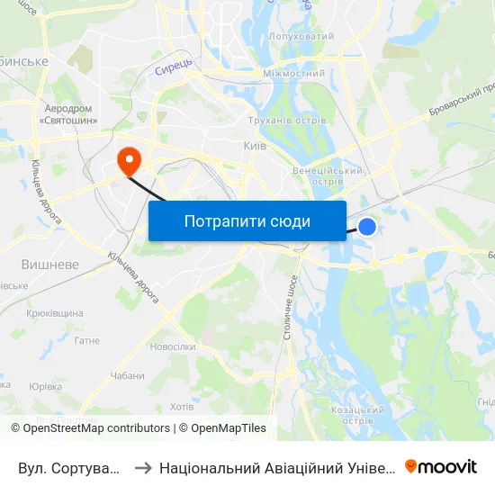 Вул. Сортувальна to Національний Авіаційний Університет map