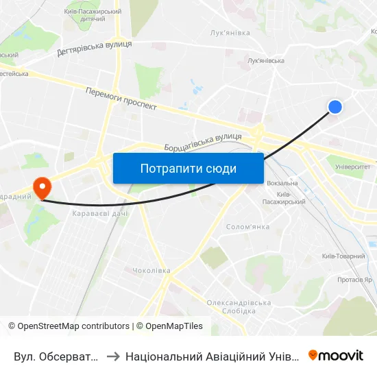 Вул. Обсерваторна to Національний Авіаційний Університет map