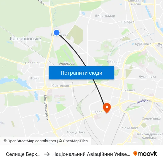 Селище Берковці to Національний Авіаційний Університет map