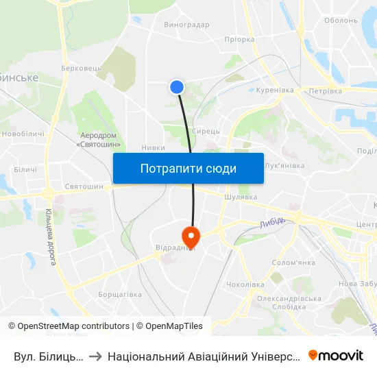 Вул. Білицька to Національний Авіаційний Університет map