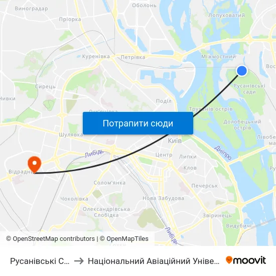 Русанівські Сади to Національний Авіаційний Університет map