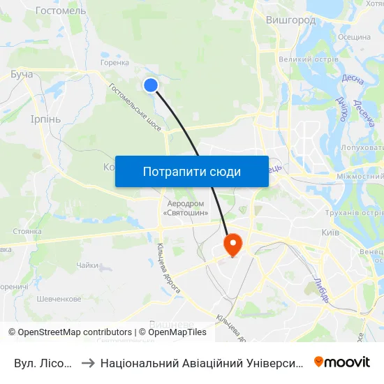 Вул. Лісова to Національний Авіаційний Університет map