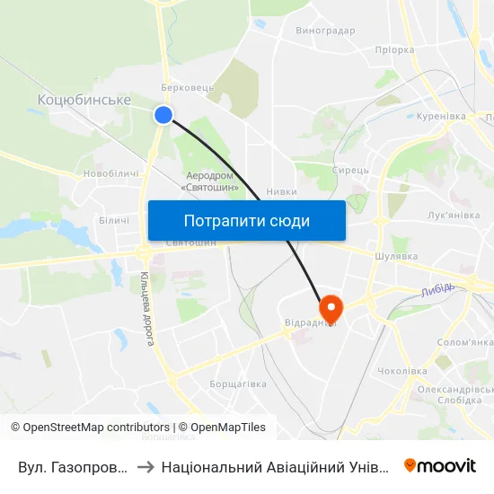 Вул. Газопровідна to Національний Авіаційний Університет map