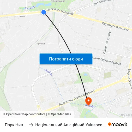 Парк Нивки to Національний Авіаційний Університет map
