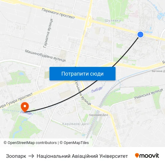 Зоопарк to Національний Авіаційний Університет map