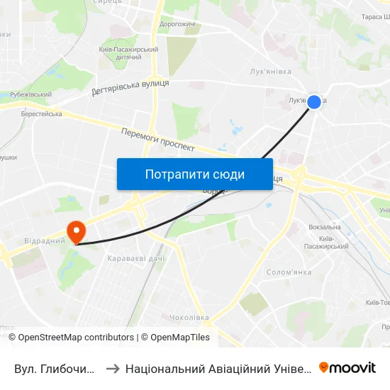 Вул. Глибочицька to Національний Авіаційний Університет map