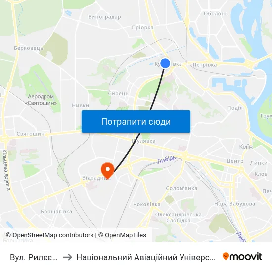 Вул. Рилєєва to Національний Авіаційний Університет map