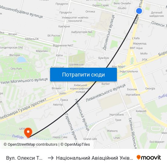 Вул. Олекси Тихого to Національний Авіаційний Університет map