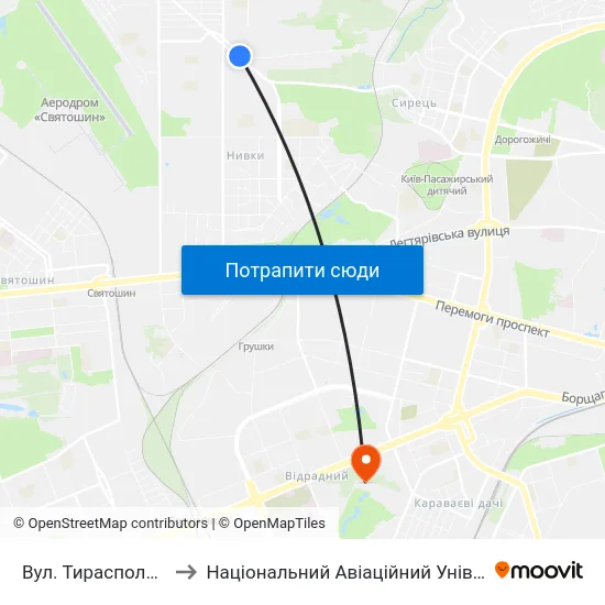 Вул. Тираспольська to Національний Авіаційний Університет map