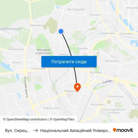 Вул. Сирецька to Національний Авіаційний Університет map