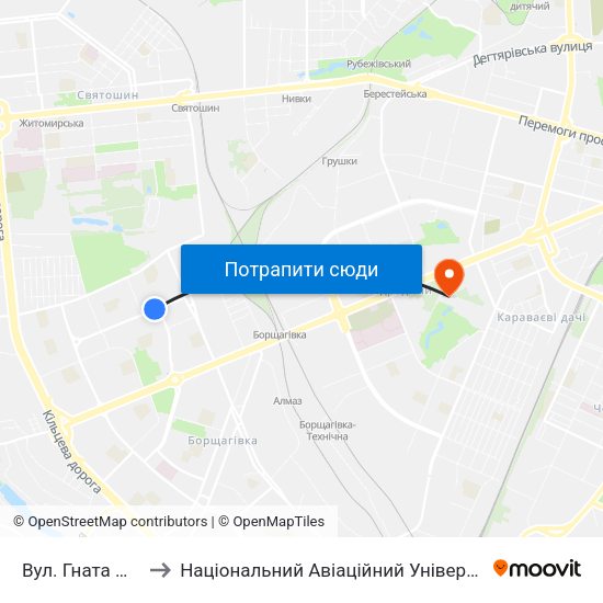 Вул. Гната Юри to Національний Авіаційний Університет map