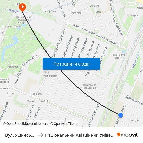 Вул. Ушинського to Національний Авіаційний Університет map