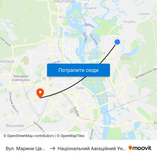 Вул. Марини Цвєтаєвої to Національний Авіаційний Університет map
