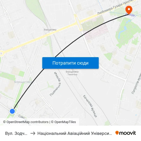 Вул. Зодчих to Національний Авіаційний Університет map