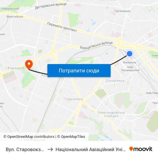 Вул. Старовокзальна to Національний Авіаційний Університет map