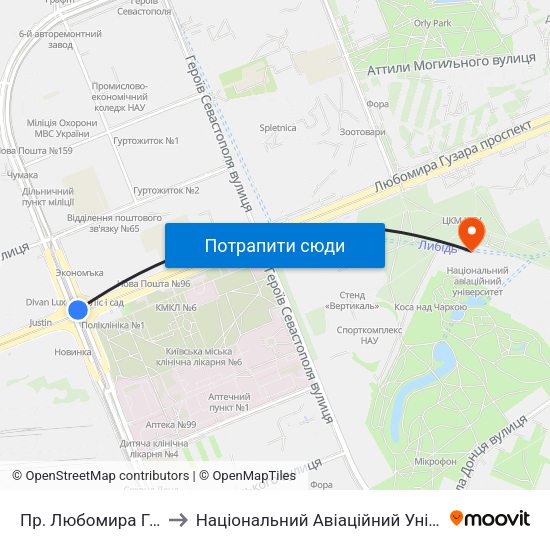 Пр. Любомира Гузара to Національний Авіаційний Університет map