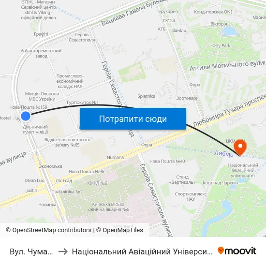 Вул. Чумака to Національний Авіаційний Університет map